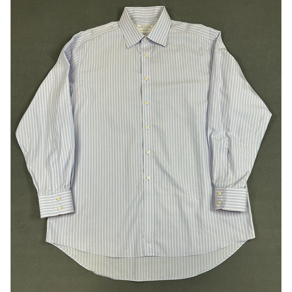 Charles Tyrwhitt Dress Shirt Mens Size 17 35 Blue Pink Stripe Non Iron